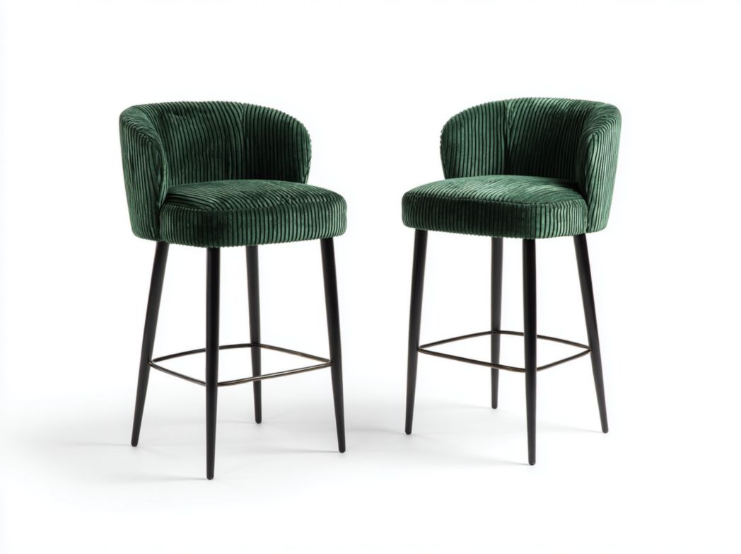 Lot de 2 tabourets de bar verts en velours côtelé avec pieds en métal noir