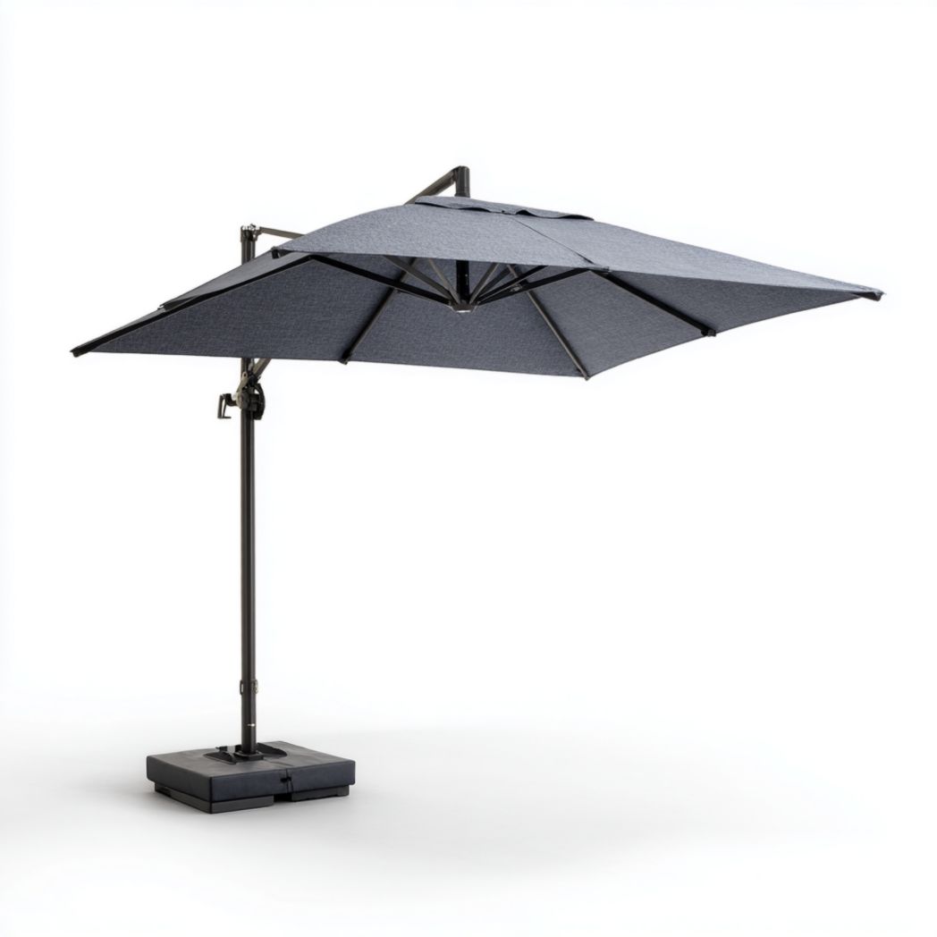 Parasol déporté avec toile en polyester gris foncé, mât et base métalliques noirs