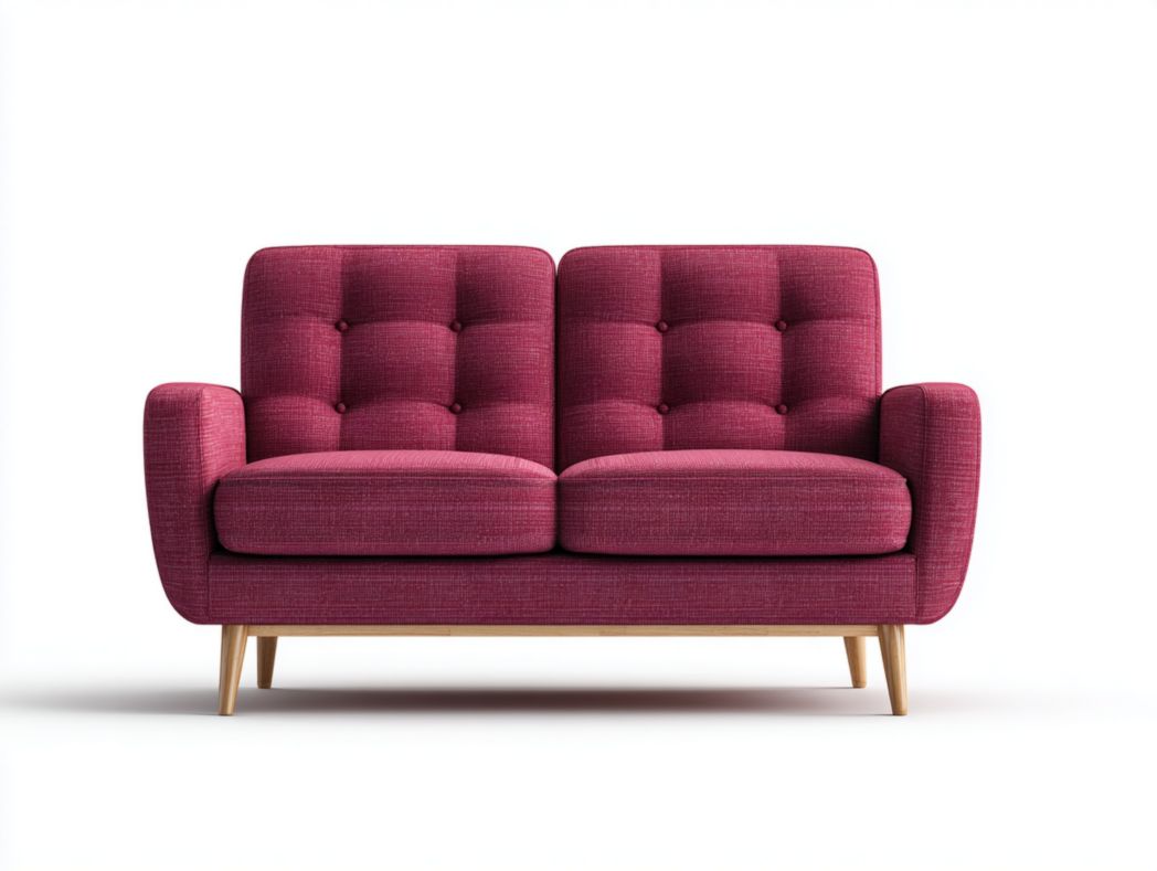 Canapé 2 places tissu polyester bordeaux avec pieds en bois brun clair