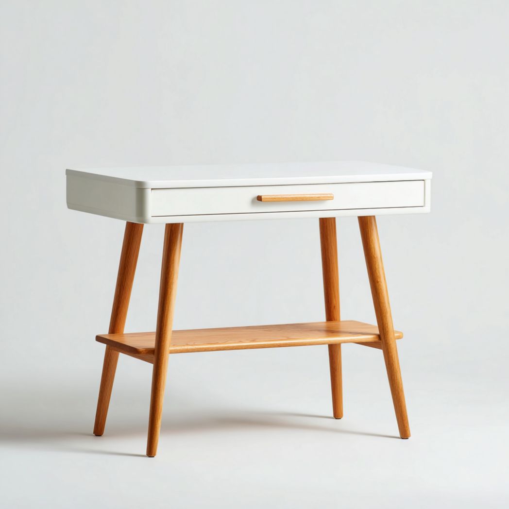 Console blanche avec un tiroir, pieds et étagère inférieure en bois brun clair