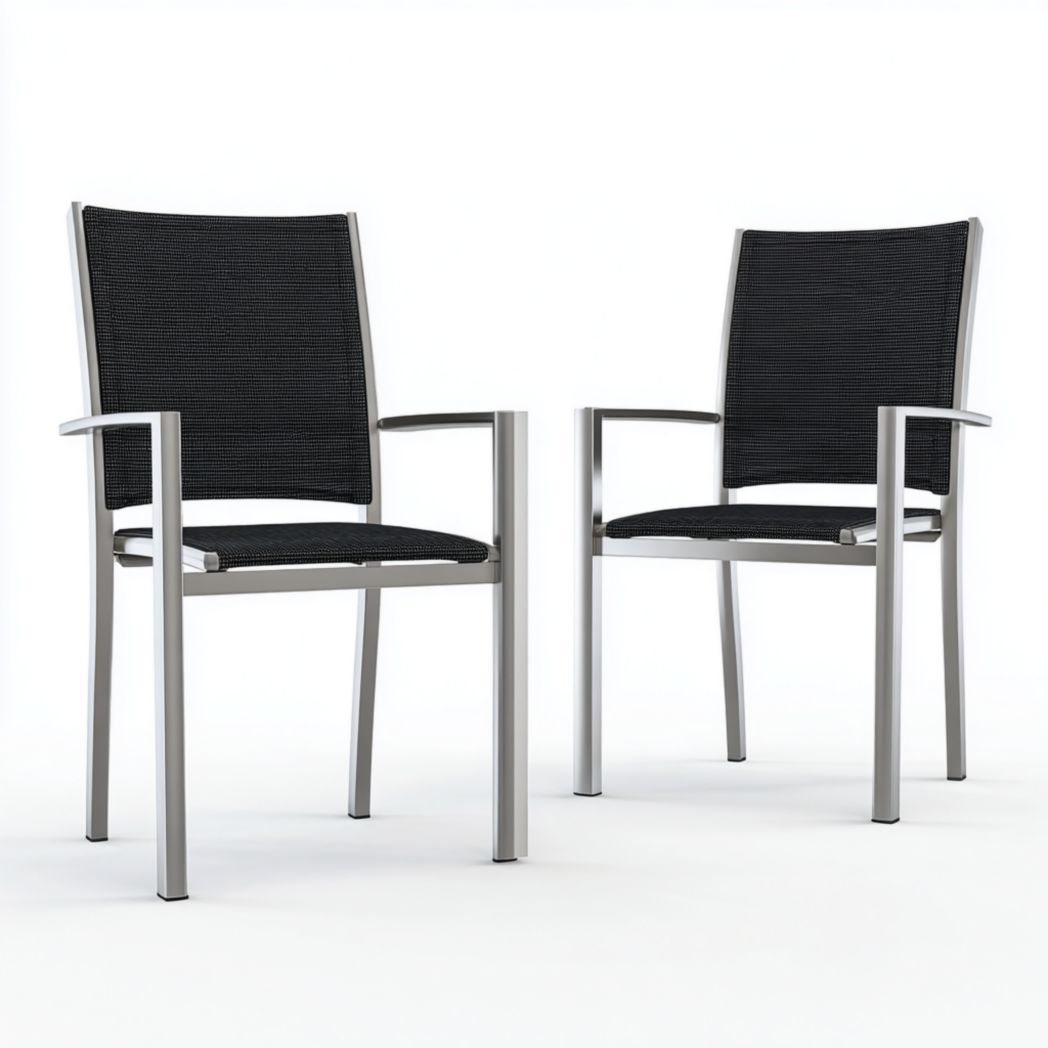 Lot de 2 chaises de jardin en aluminium argenté avec toile polyester noire