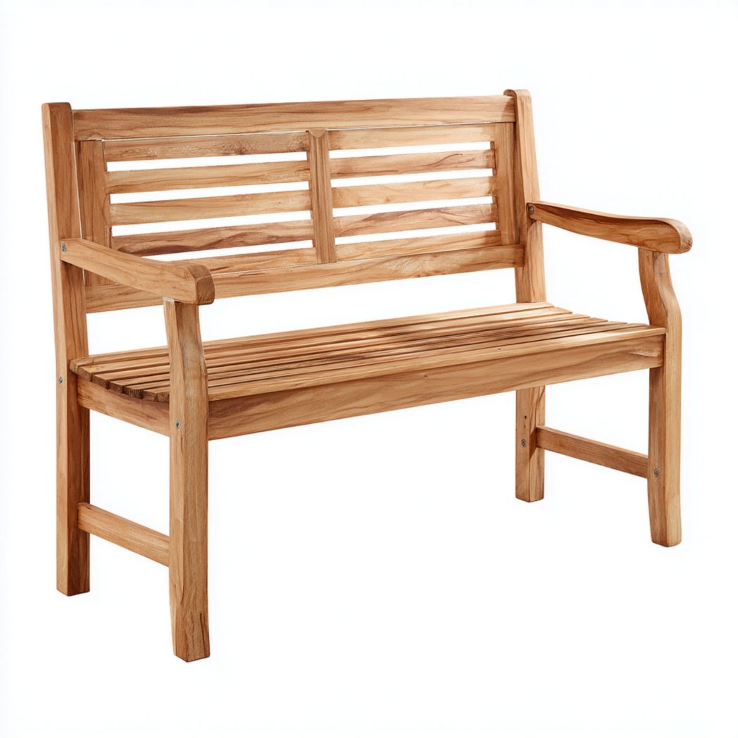 Banc de jardin en bois brun clair, dossier à lattes horizontales et accoudoirs droits