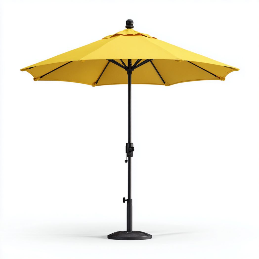 Parasol rond en polyester jaune, mât et base noirs