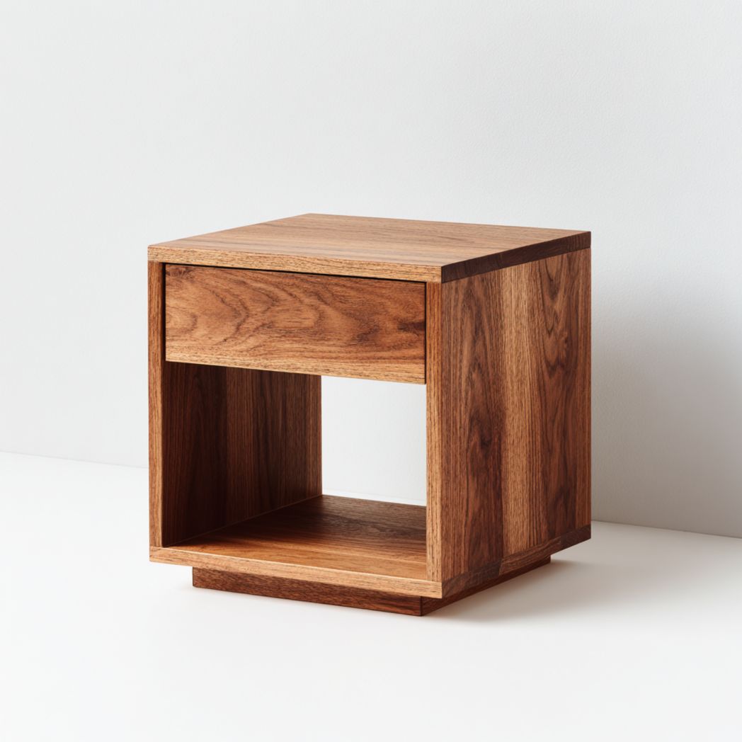 Table de chevet brun avec tiroir et compartiment ouvert