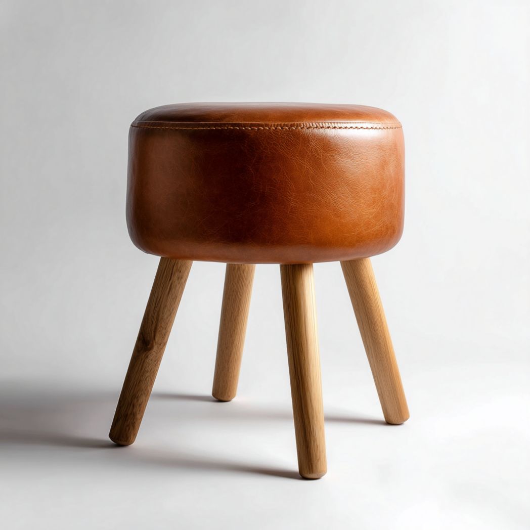 Tabouret rond cuir synthétique marron avec pieds en bois brun clair