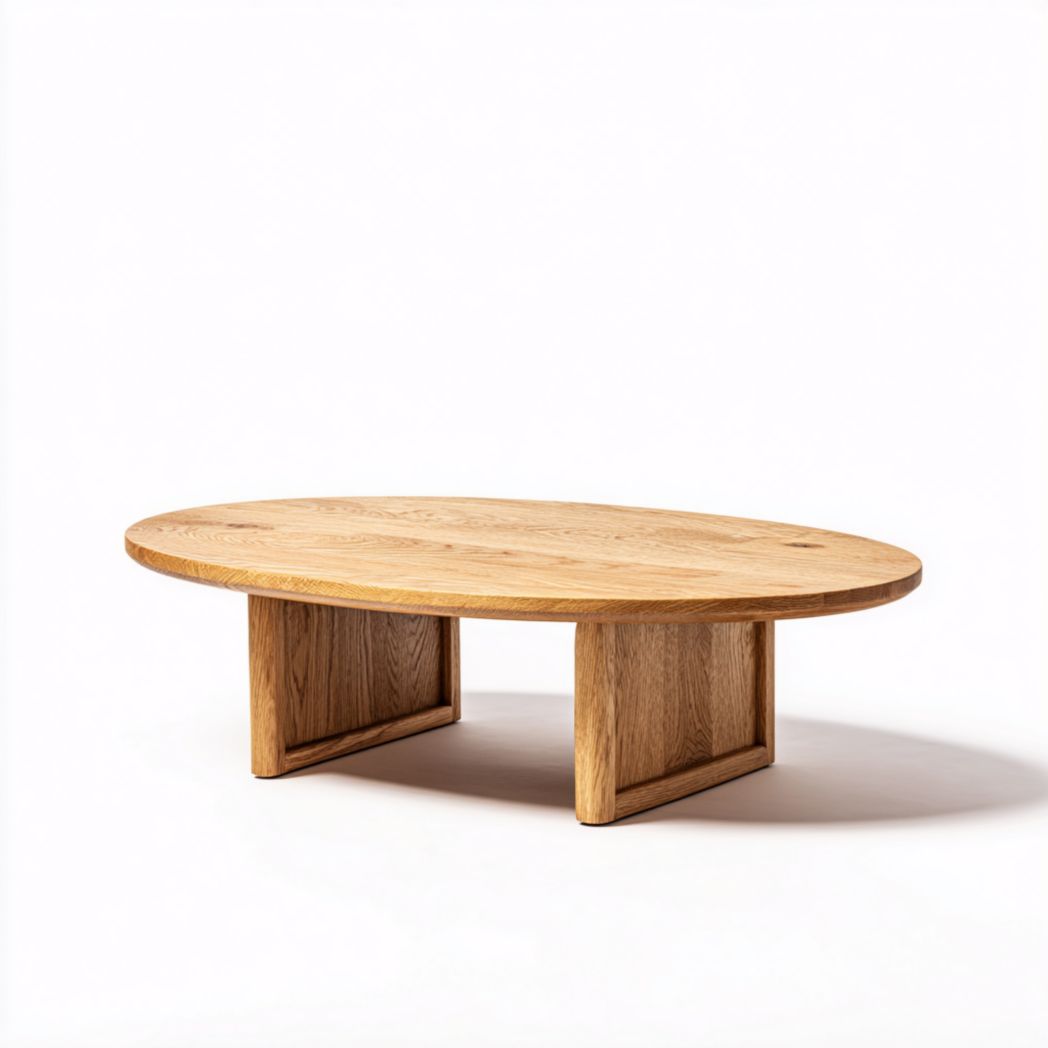 Table basse ovale marron clair à structure basse et piètement en panneaux