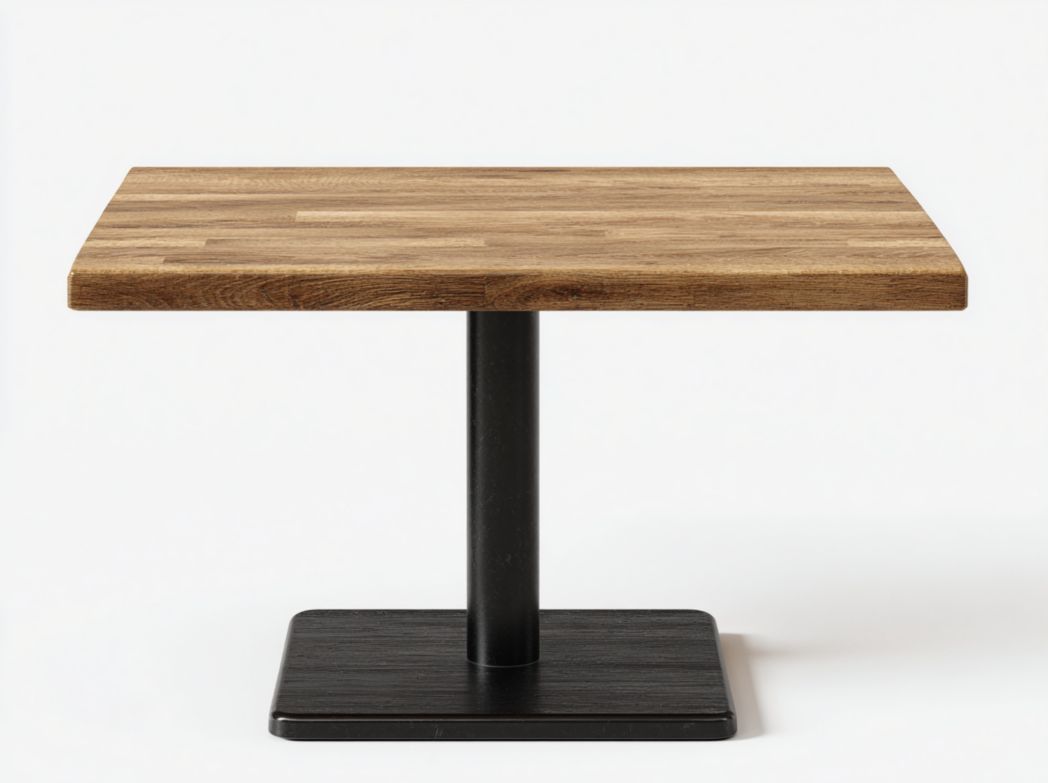 Table à manger carrée plateau brun et base métallique noire avec support cylindrique