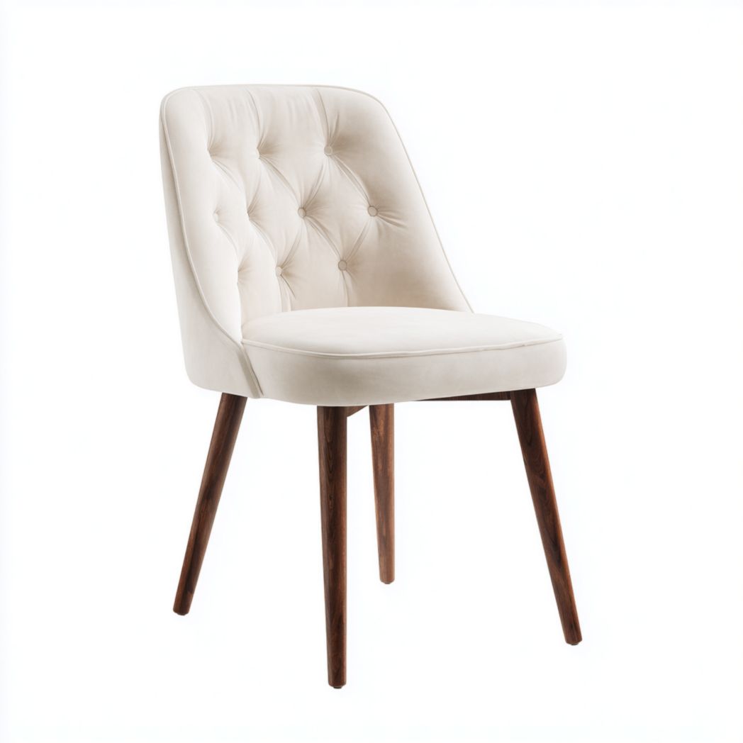 Chaise à manger en velours beige clair avec dossier capitonné et pieds en bois brun foncé