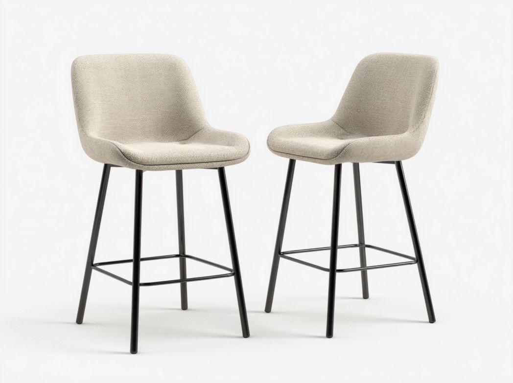 Lot de 2 tabourets de bar avec assise en tissu beige clair et pieds en métal noir