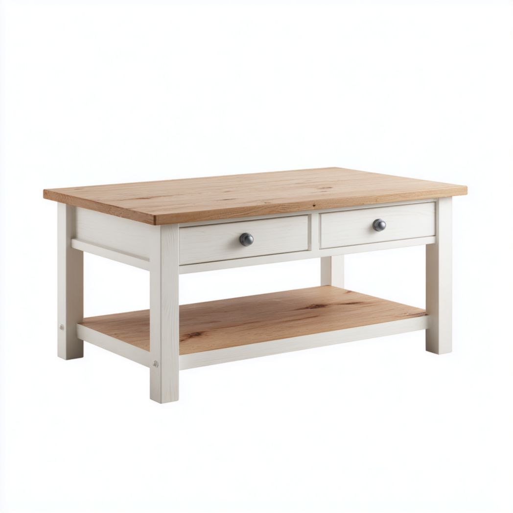 Table basse rectangulaire plateau marron clair et structure blanc cassé