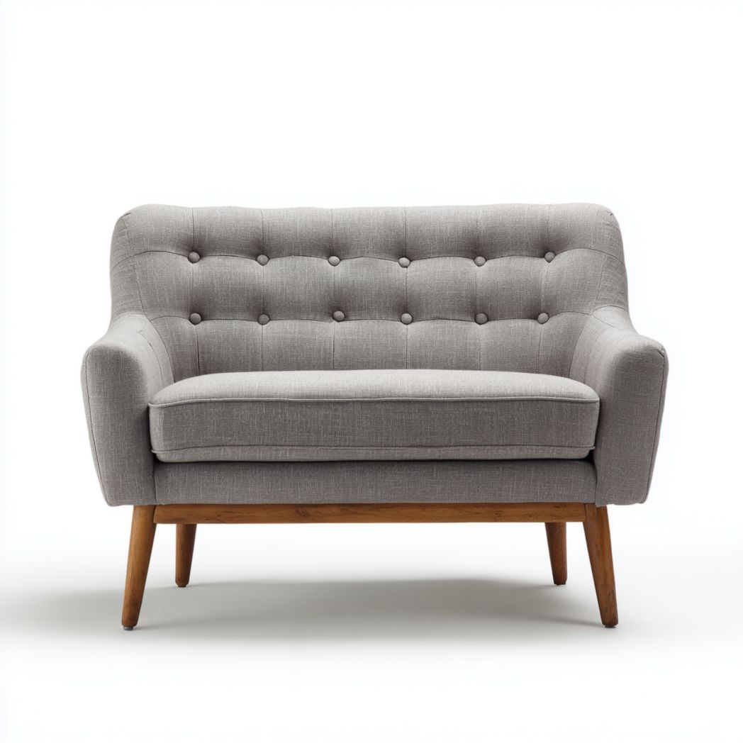 Canapé 2 places tissu lin mélangé gris avec pieds en bois brun