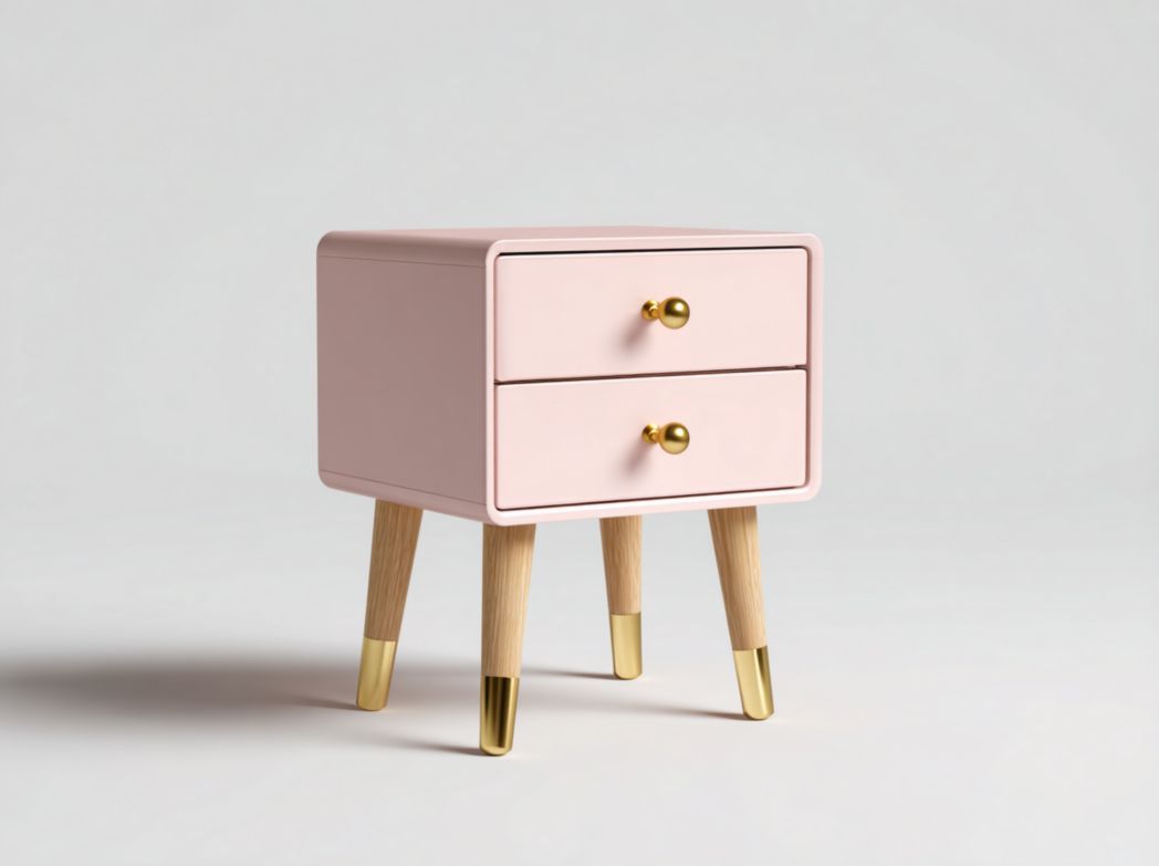 Table de chevet rose en MDF et bois massif avec pieds à embouts dorés et poignées dorées