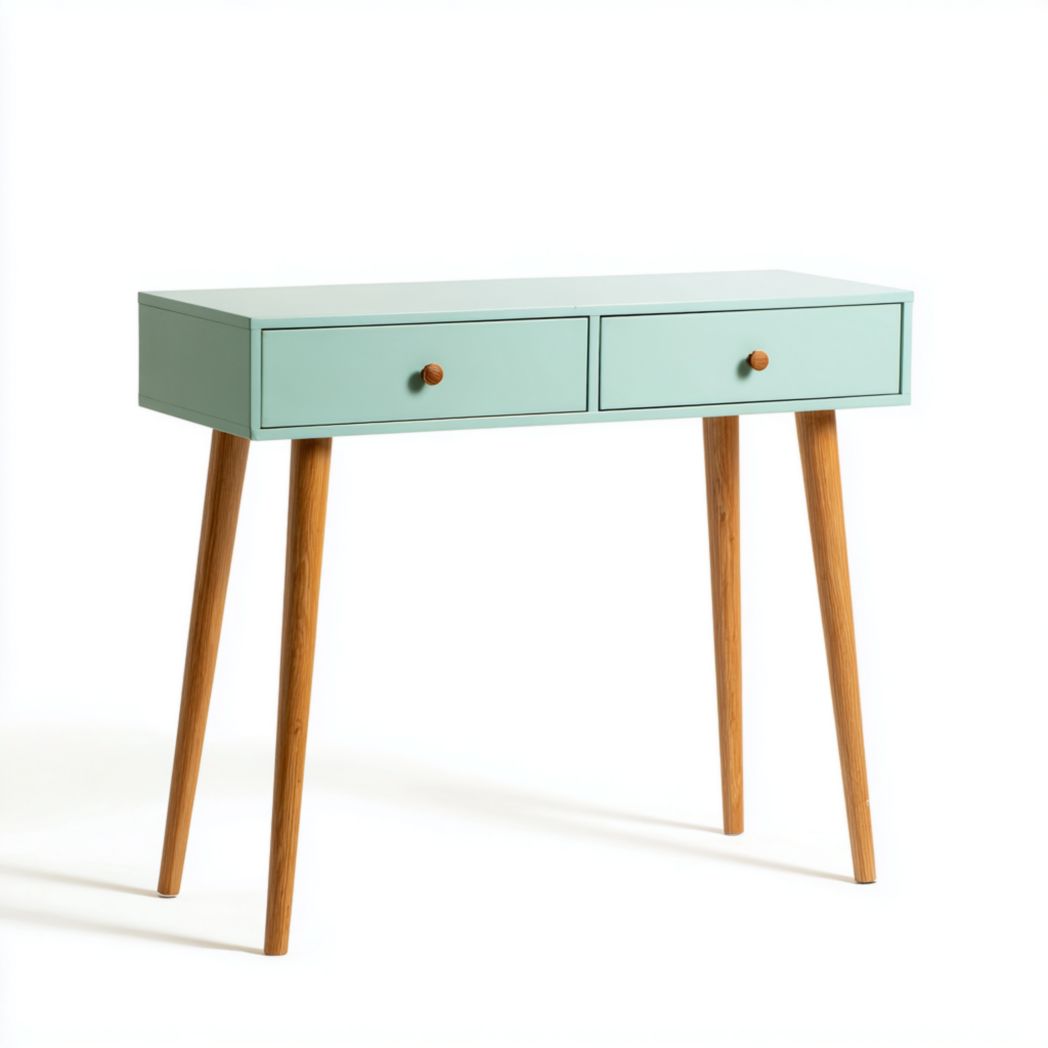 Console en bois vert clair avec deux tiroirs et pieds coniques bruns