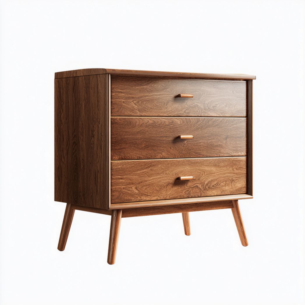 Commode brun foncé à trois tiroirs avec pieds en bois