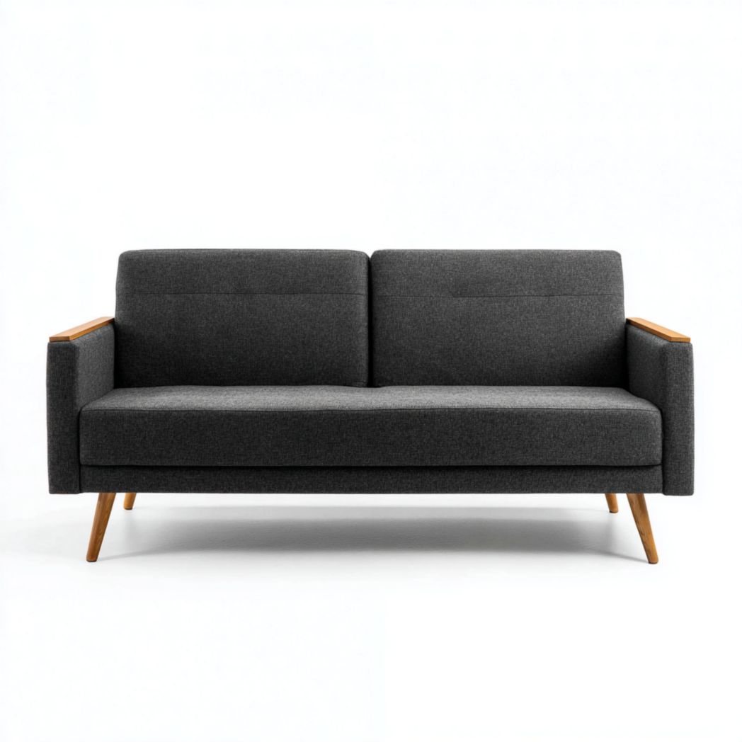 Canapé 2 places gris foncé avec pieds en bois et revêtement en tissu polyester mélangé