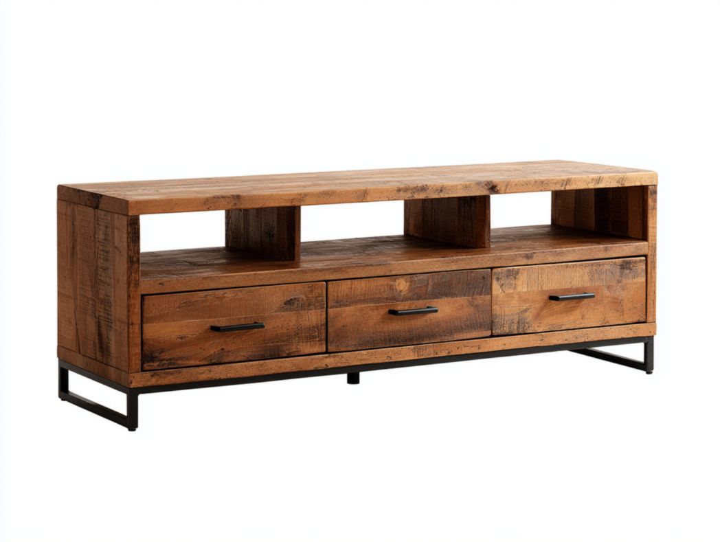 Meuble TV en bois brun foncé avec cadre en métal noir et trois tiroirs de rangement