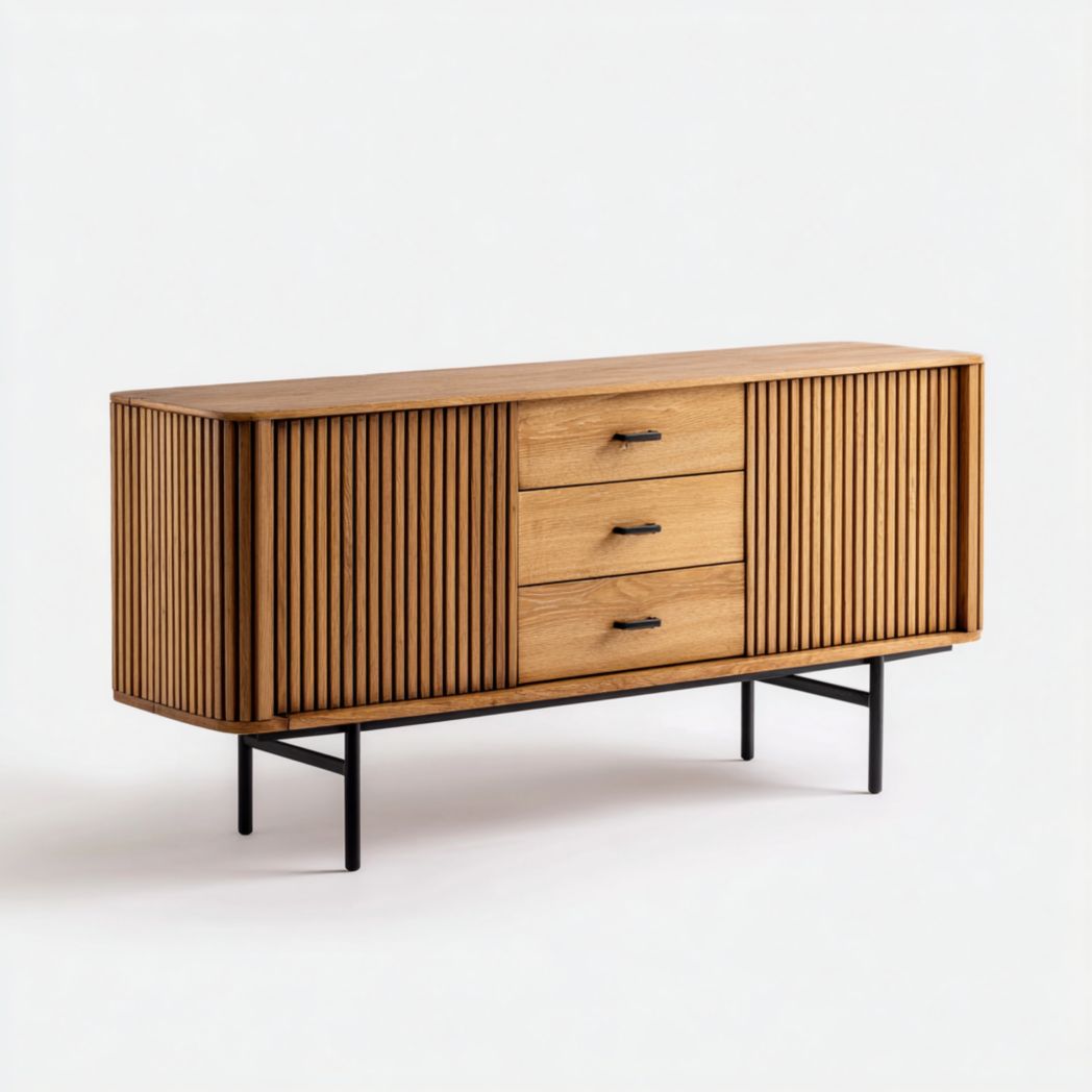 Buffet à trois tiroirs en bois brun clair avec pieds et poignées métalliques noirs