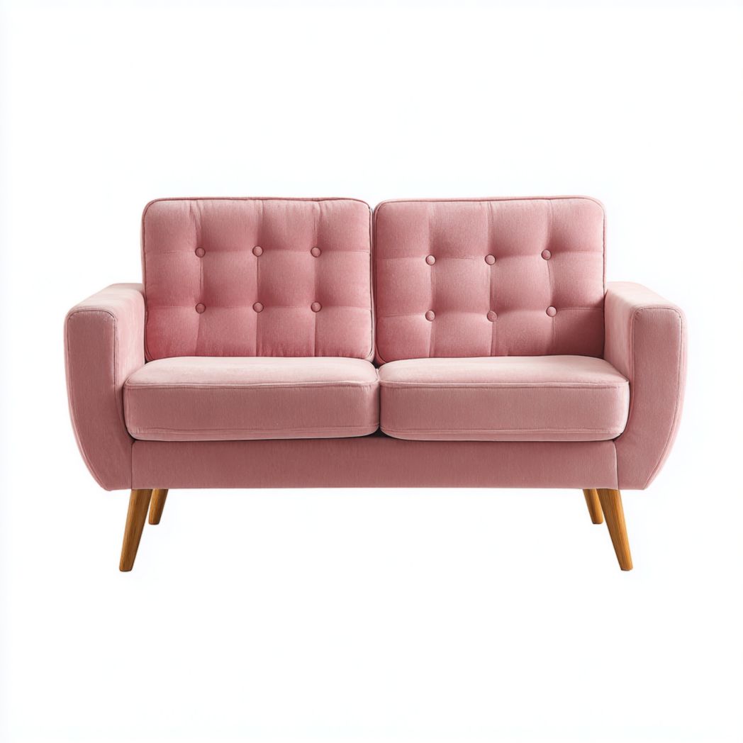 Canapé 2 places rose en tissu polyester mélangé dossier à boutons pieds en bois brun clair