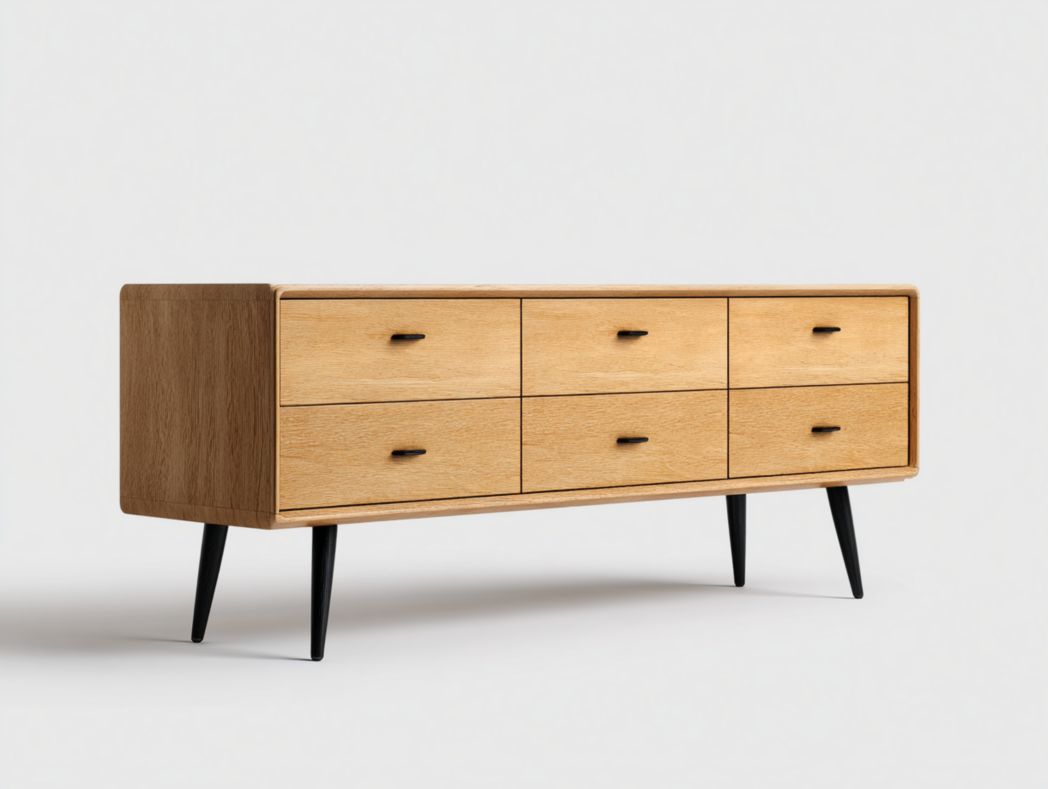 Meuble TV en bois brun clair à six tiroirs avec poignées et pieds noirs