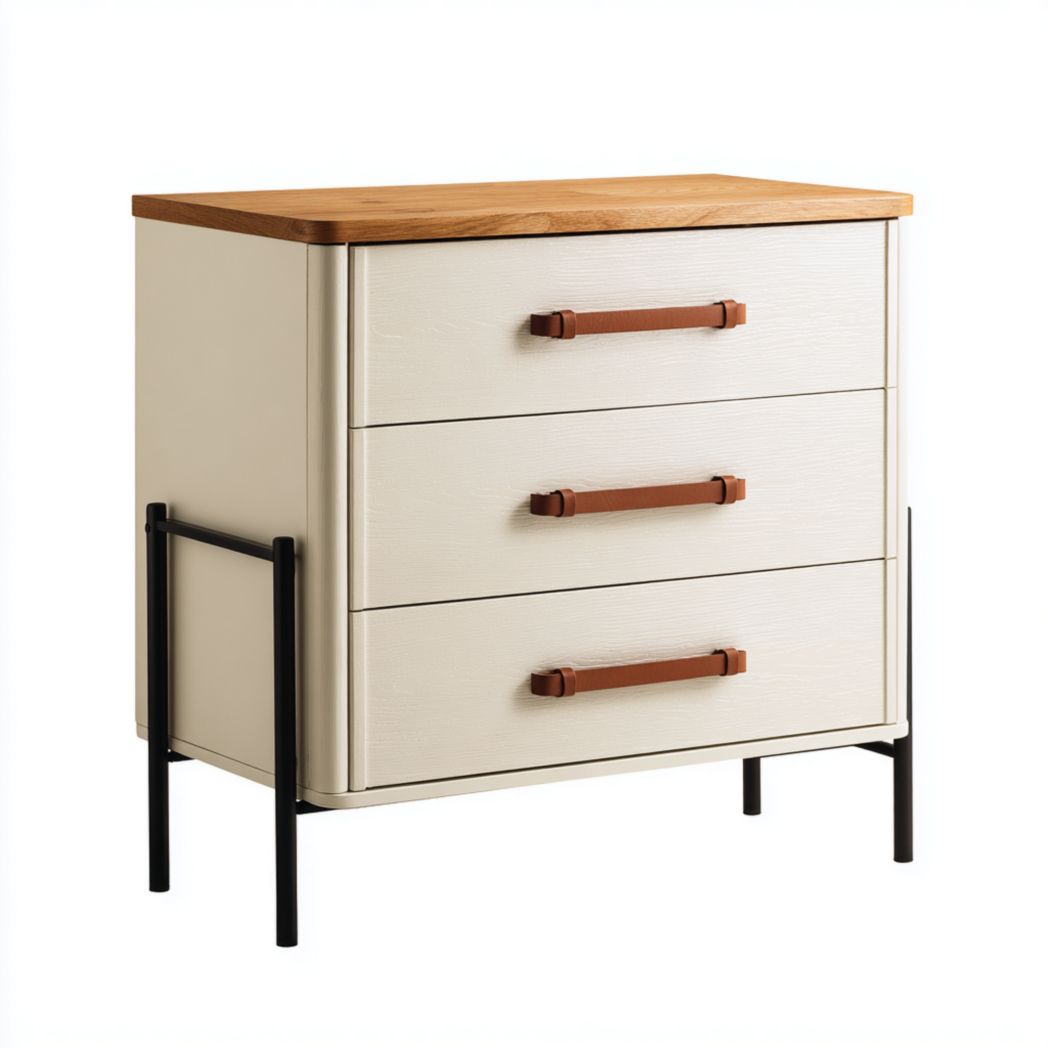 Commode beige clair à trois tiroirs avec pieds en métal noir