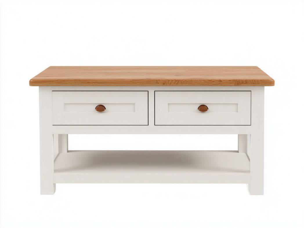 Meuble TV en bois blanc avec plateau en bois brun clair et deux tiroirs de rangement