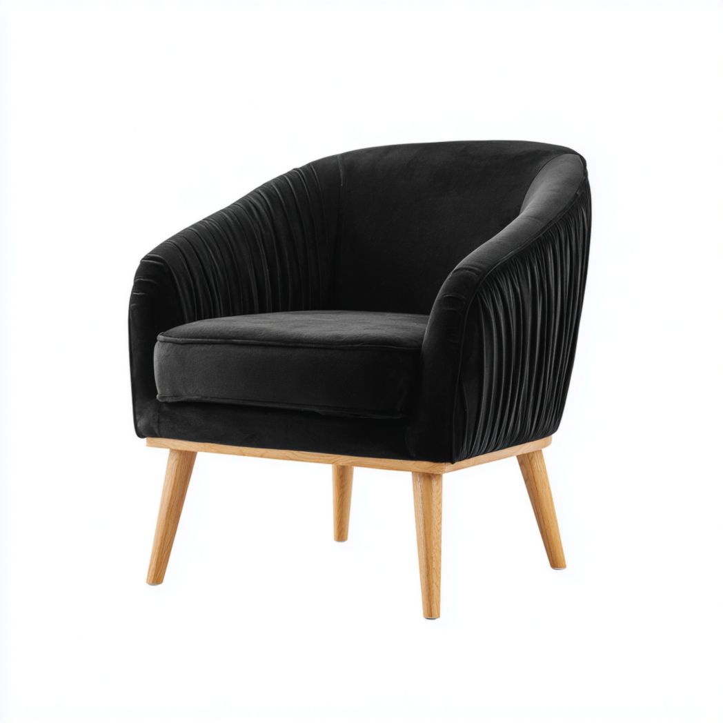 Fauteuil en velours noir avec dossier plissé et pieds en bois brun clair