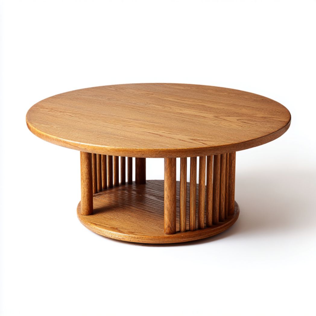 Table basse ronde en bois massif brun avec base à lattes verticales