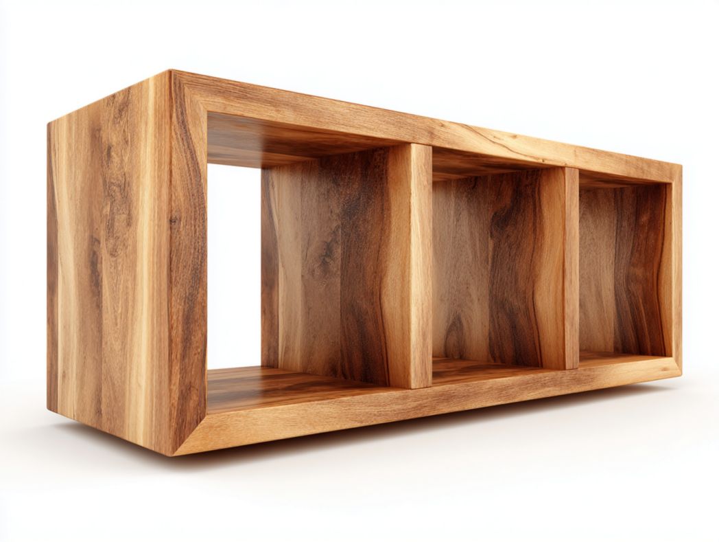 Meuble TV en bois brun clair à trois compartiments ouverts