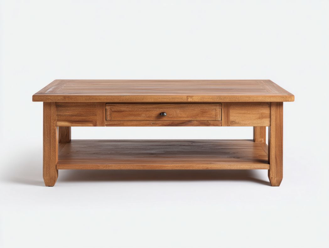 Meuble TV brun clair avec niche ouverte et poignées en métal brun foncé