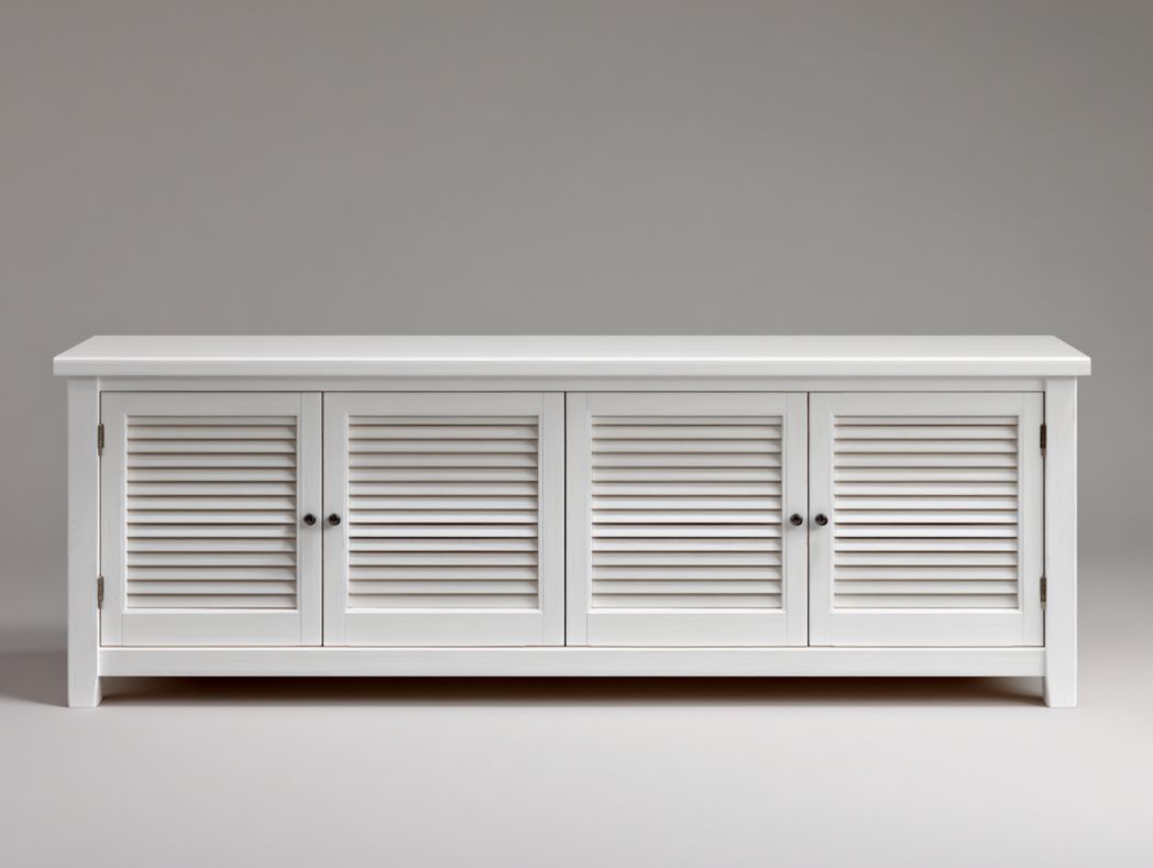 Meuble TV en bois massif blanc avec quatre portes persiennes et espaces de rangement