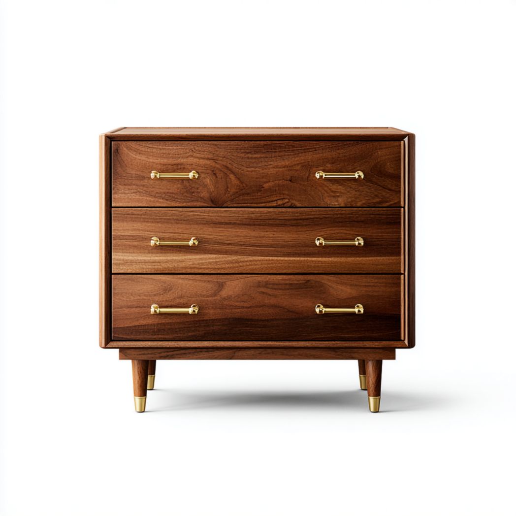 Commode brun foncé à trois tiroirs avec poignées et embouts dorés