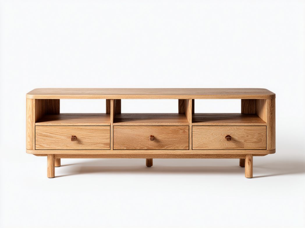 Meuble TV en bois massif brun clair à trois tiroirs et trois niches ouvertes