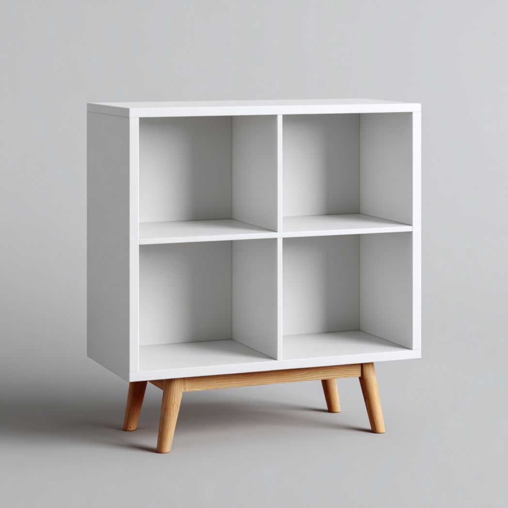 Bibliothèque à quatre cases en panneau de particules blanc avec pieds brun clair