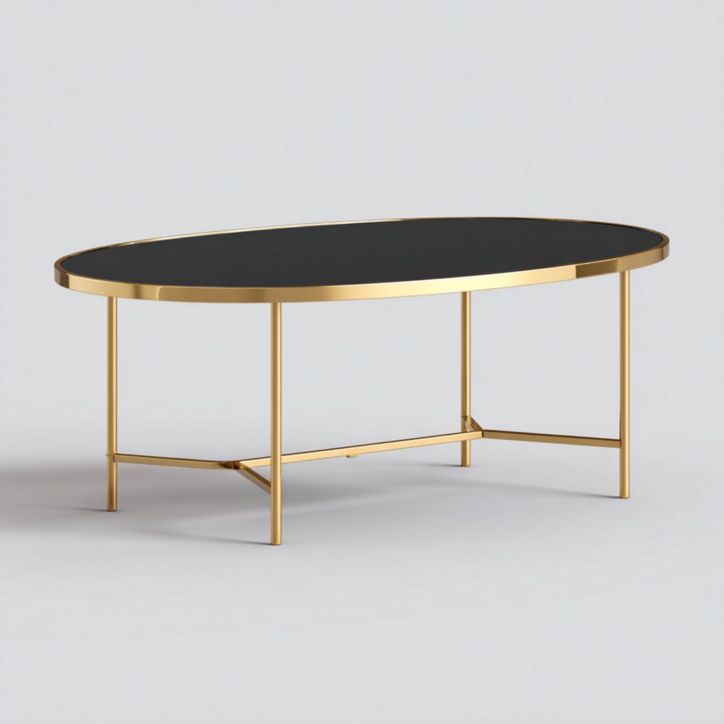 Table basse ovale plateau noir avec structure en métal doré