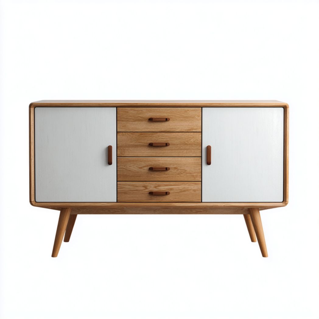 Buffet bicolore en bois brun clair et blanc avec quatre tiroirs et deux portes