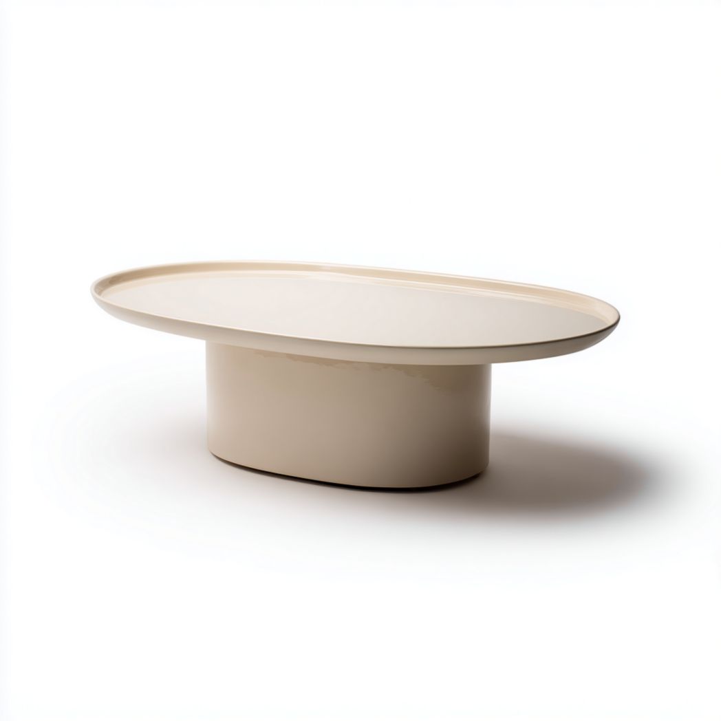 Table basse ovale beige avec base cylindrique fermée