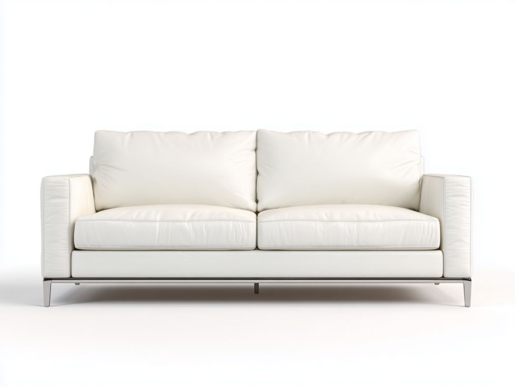 Canapé 2 places en cuir synthétique blanc accoudoirs droits pieds en métal argenté