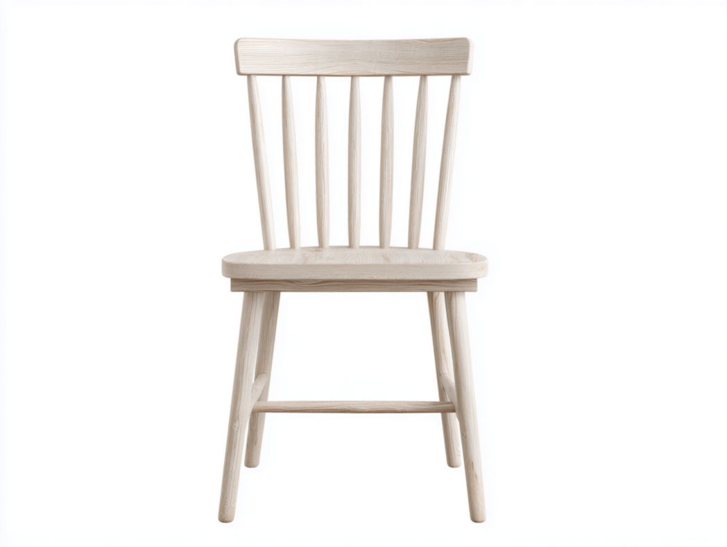 Chaise en bois blanc cassé avec des rayures verticales sur le dossier.