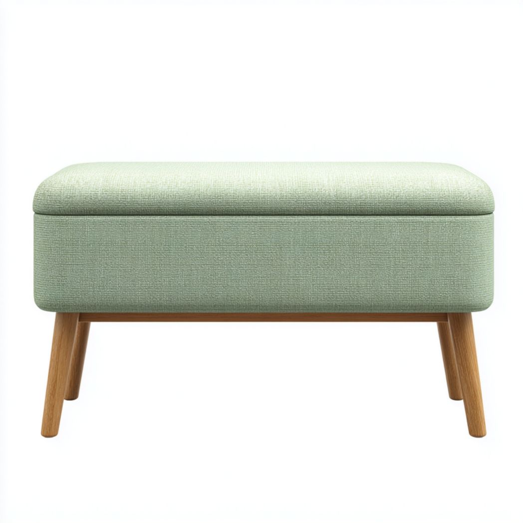 Banquette de rangement en tissu vert clair avec pieds en bois brun clair