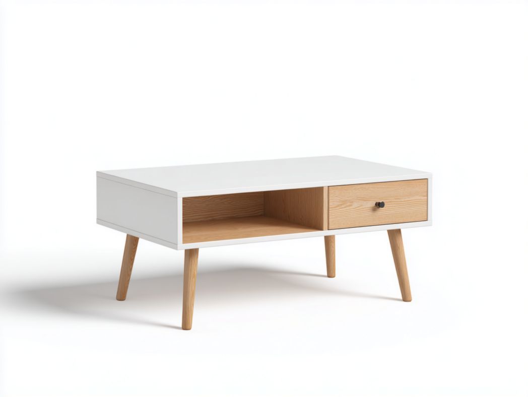 Table basse rectangulaire blanche et brun clair avec tiroir et compartiment ouvert