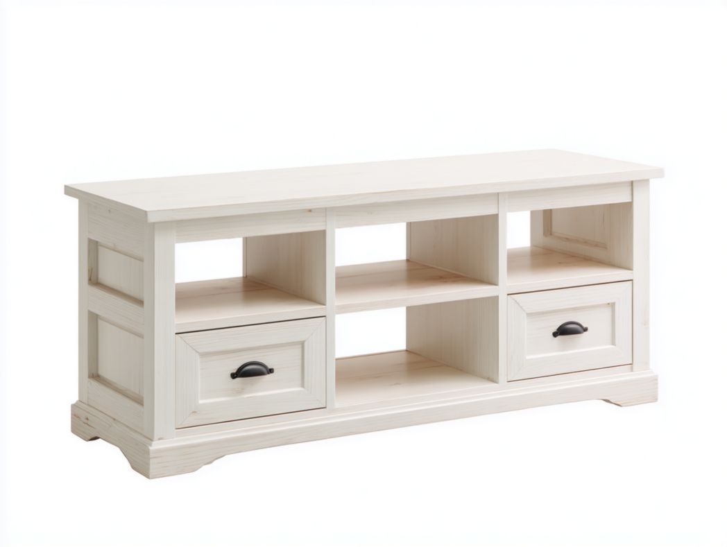 Table basse rectangulaire blanc cassé avec deux tiroirs et compartiments ouverts