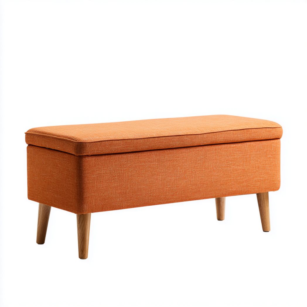 Banquette de rangement en tissu orange avec pieds brun clair