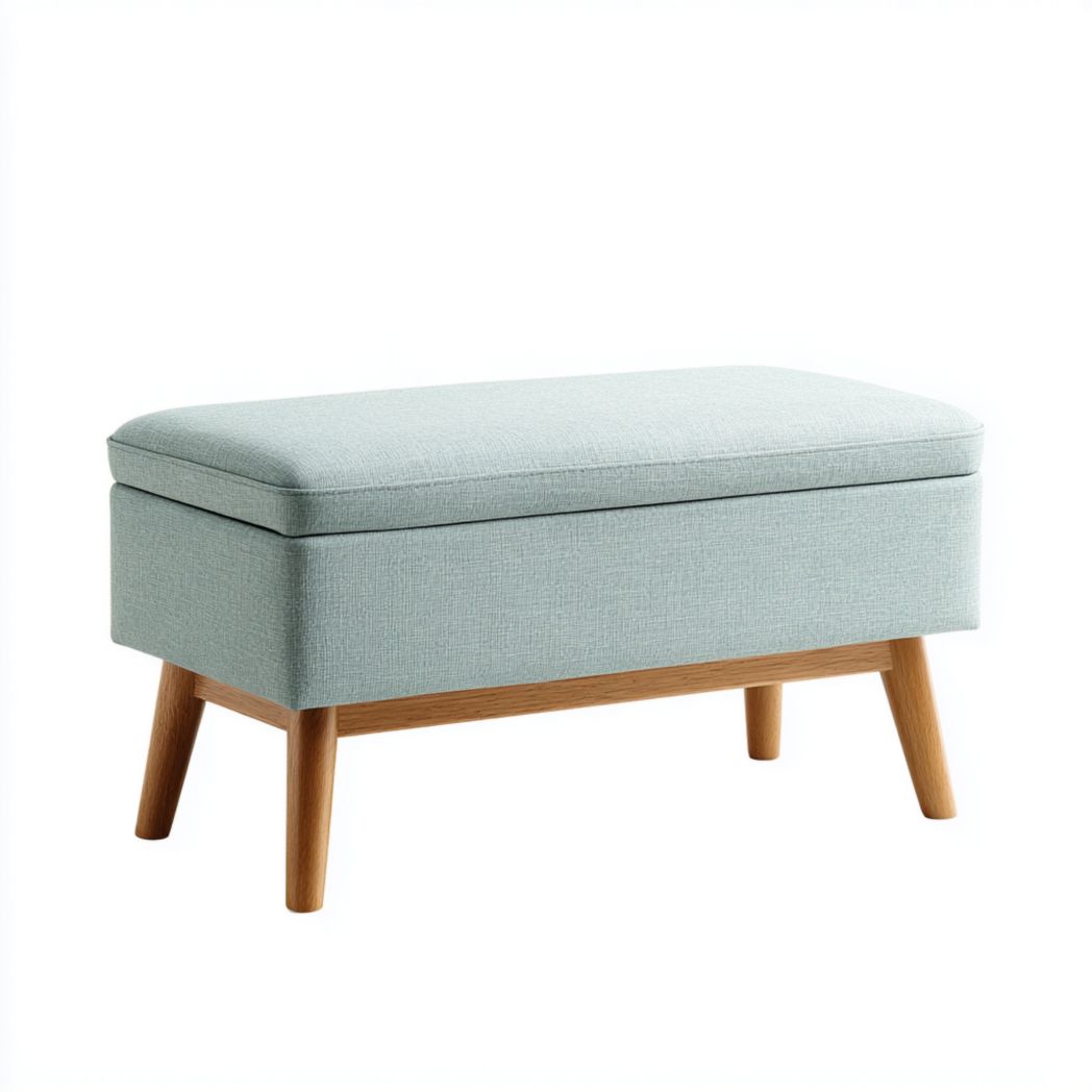 Banquette de rangement en tissu polyester bleu menthe avec pieds en bois