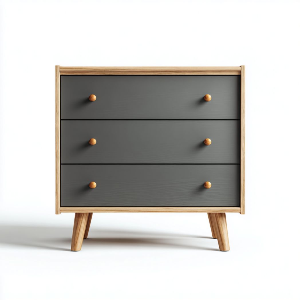Commode gris foncé à trois tiroirs avec cadre, poignées et pieds en bois brun clair