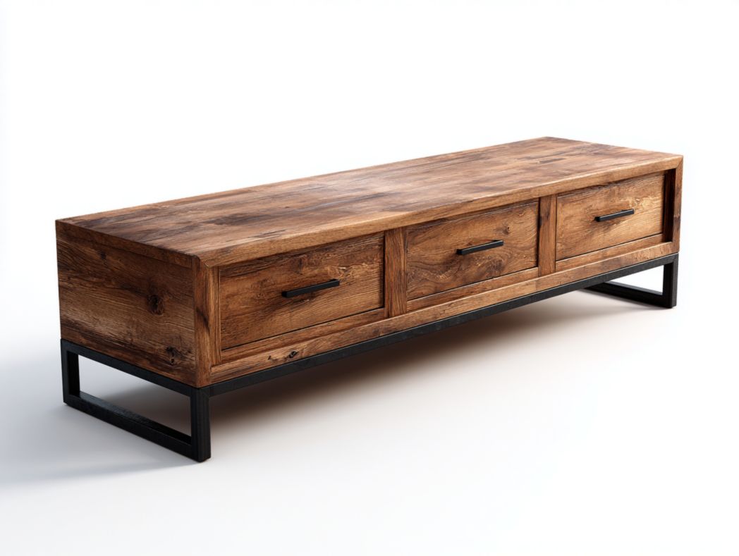 Meuble TV brun foncé à trois tiroirs avec structure en métal noir