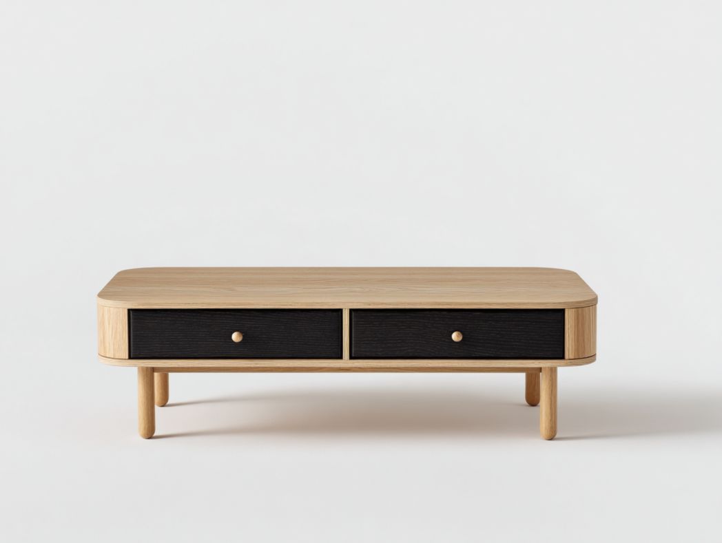 Meuble TV brun clair avec deux tiroirs noirs et poignées rondes dorées