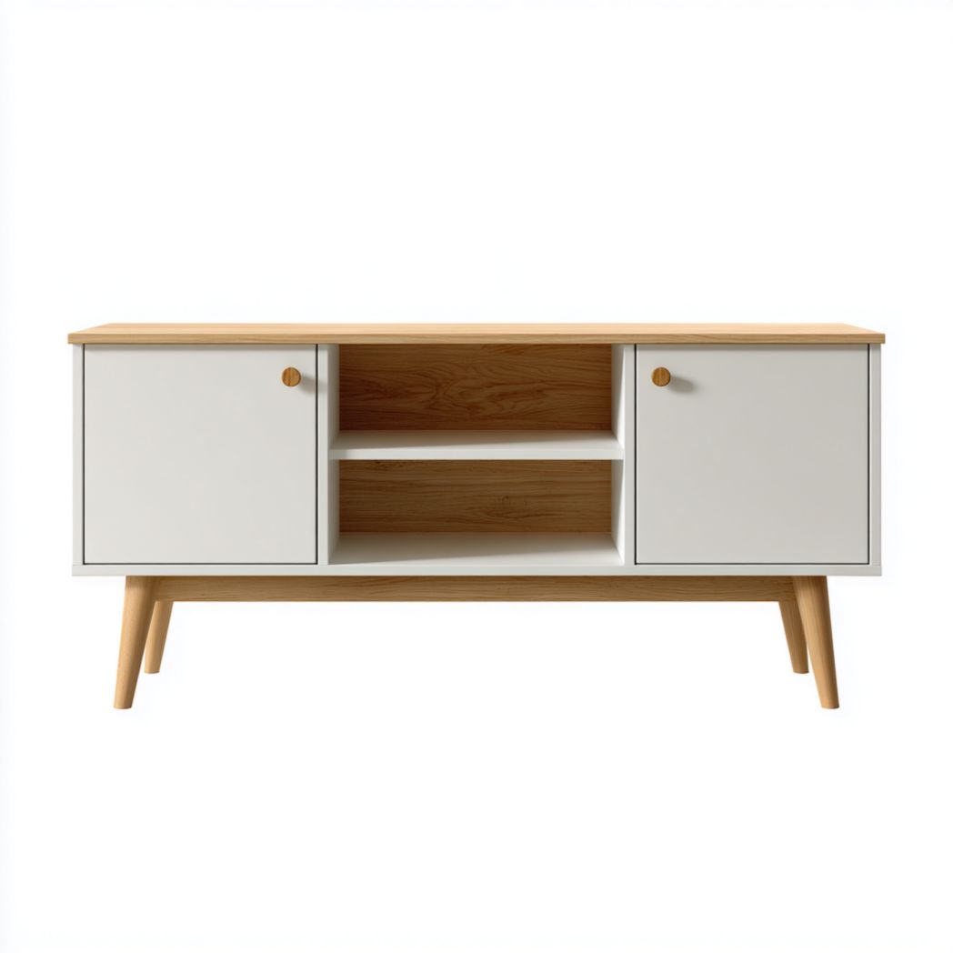 Meuble TV blanc et brun clair à deux portes et niches ouvertes