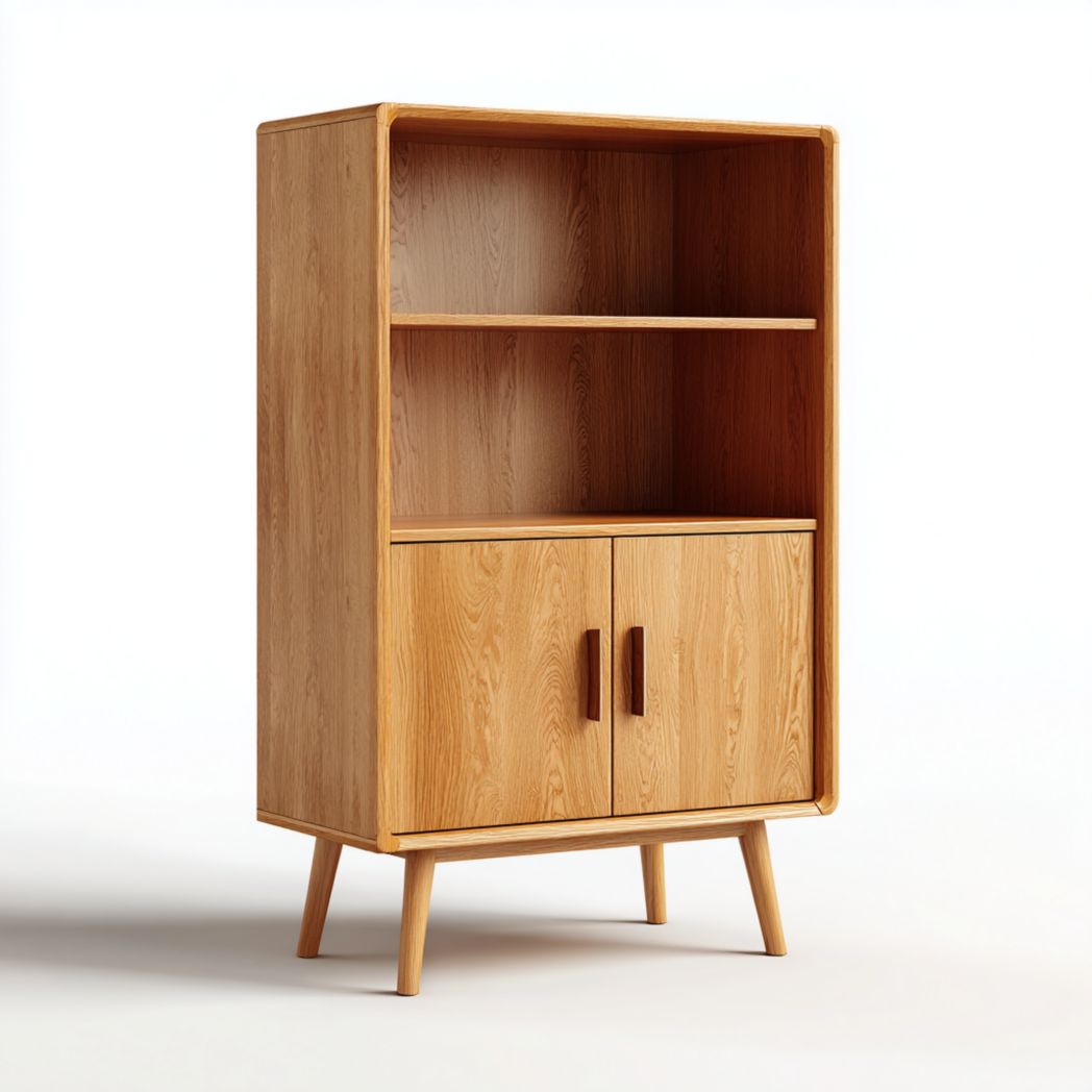 Bibliothèque en panneau de particules et bois brun clair à 3 niveaux avec portes