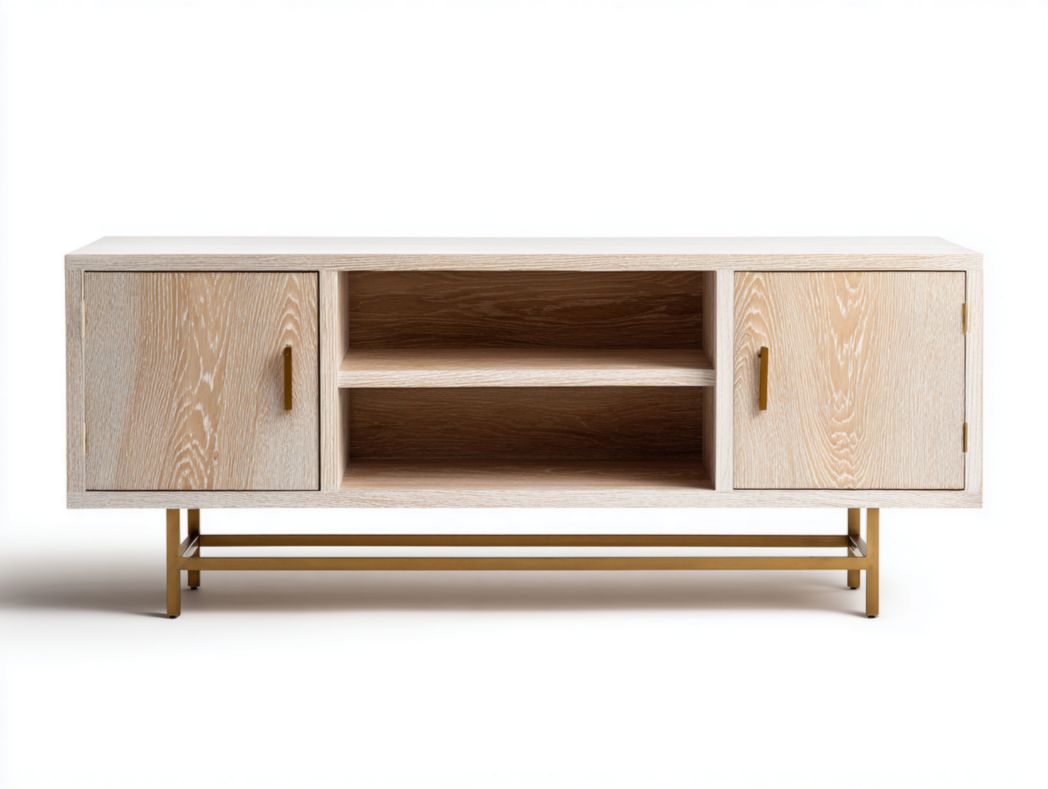 Meuble TV en bois brun clair avec pieds et poignées dorés