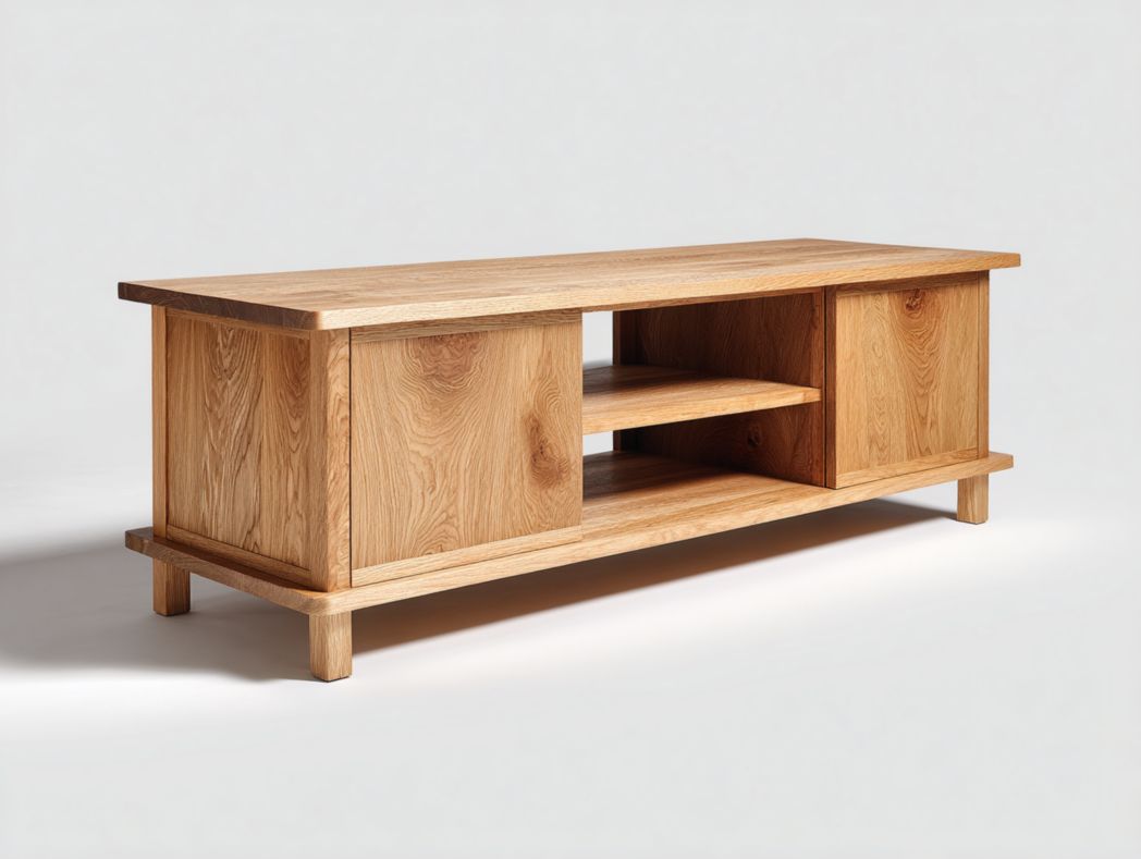 Meuble TV tout en bois brun clair avec deux portes et niches ouvertes